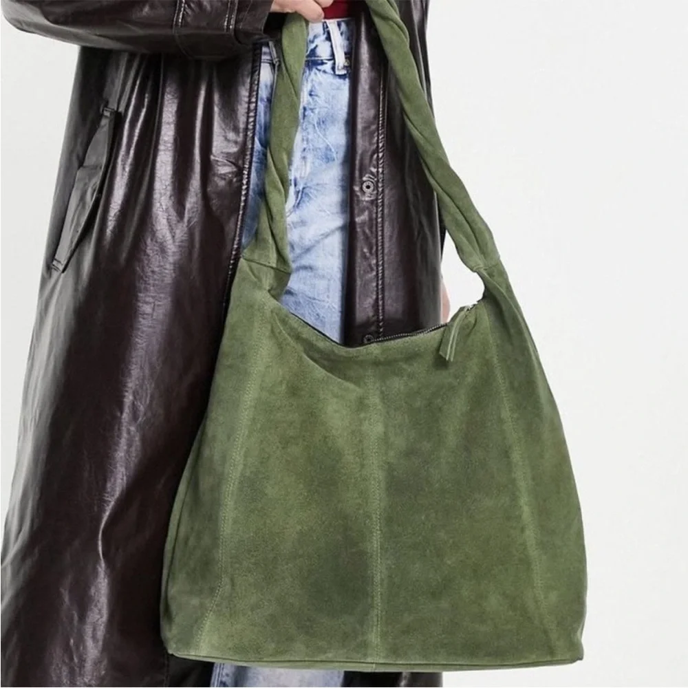 Topshop Suede Slouch Shoulder Bag Green Top Zip - Picture 3 of 8